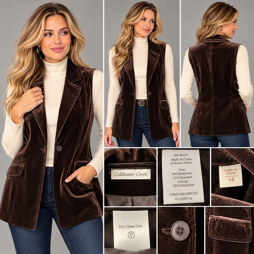 Coldwater Creek Brown Velvet Vest Longline Blazer Sleeveless Jacket Size 14 Boho